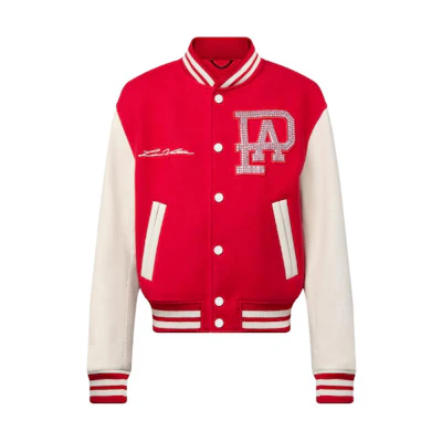 LOUIS VUITTON SS24 Pharrell Collab Red Striped Logo Embroidered Varsity Jacket. 1AFIQ9