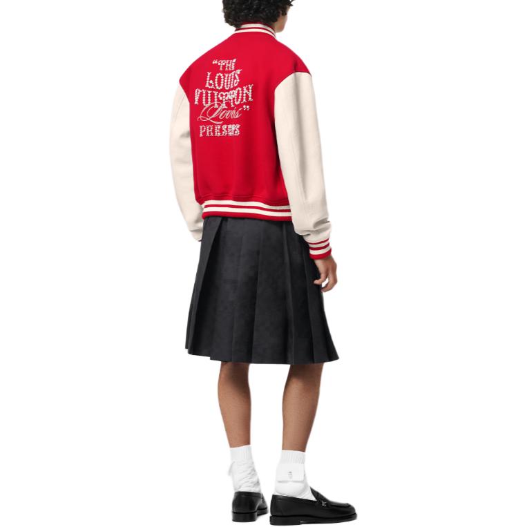 Shop Jaket Varsity Louis Vuitton SS24 Pharrell Kolaborasi Logo Bordir Garis Merah. 1AFIQ9