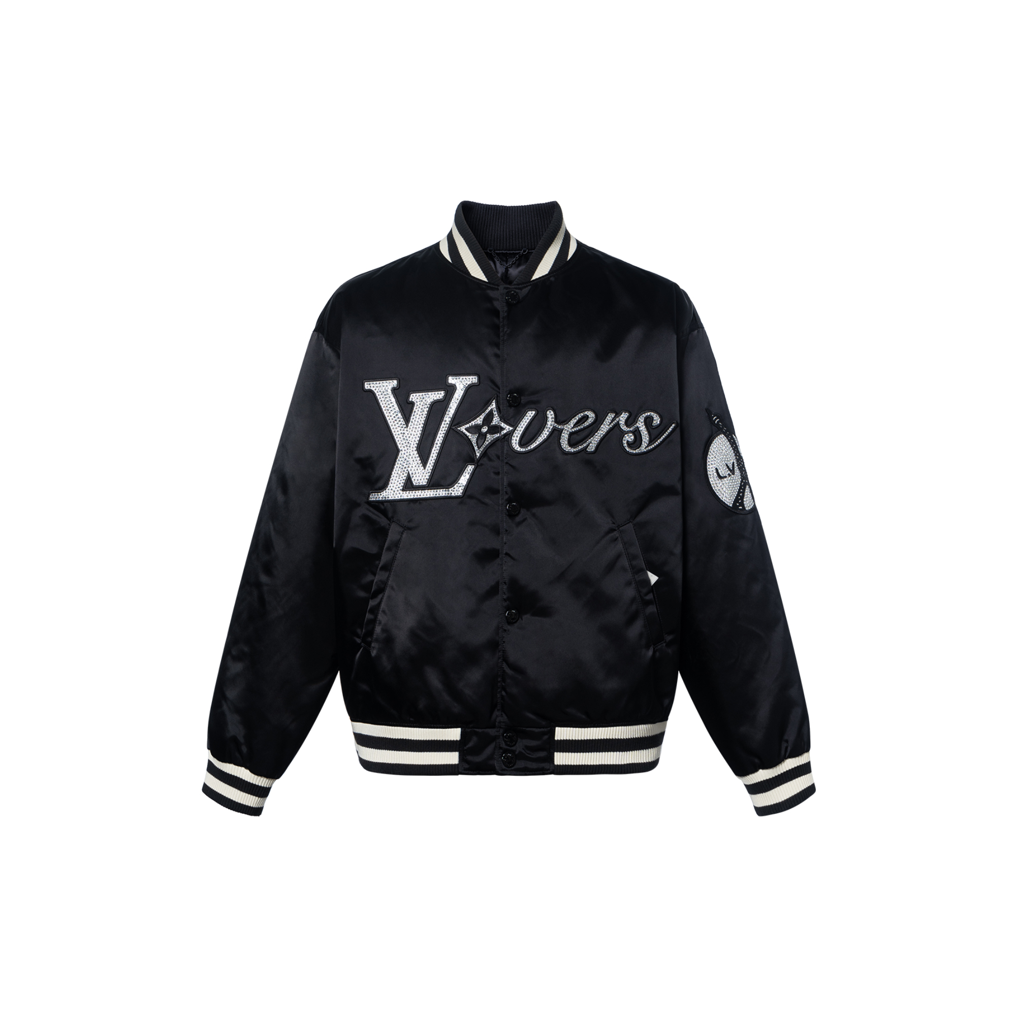 LOUIS VUITTON SS24 Pharrell Collab Striped Embroidered Baseball Jacket Black. 1AFHWP