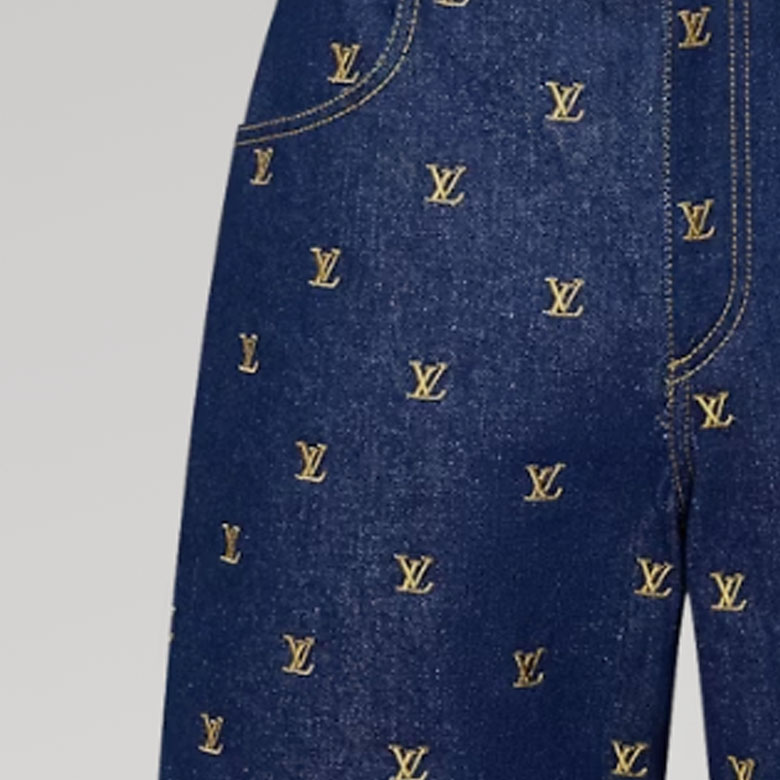 Lookbook 루이비통 SS24 퍼렐 x 데님 자수 레터 쇼츠 블루 남성복 1AFIAJ