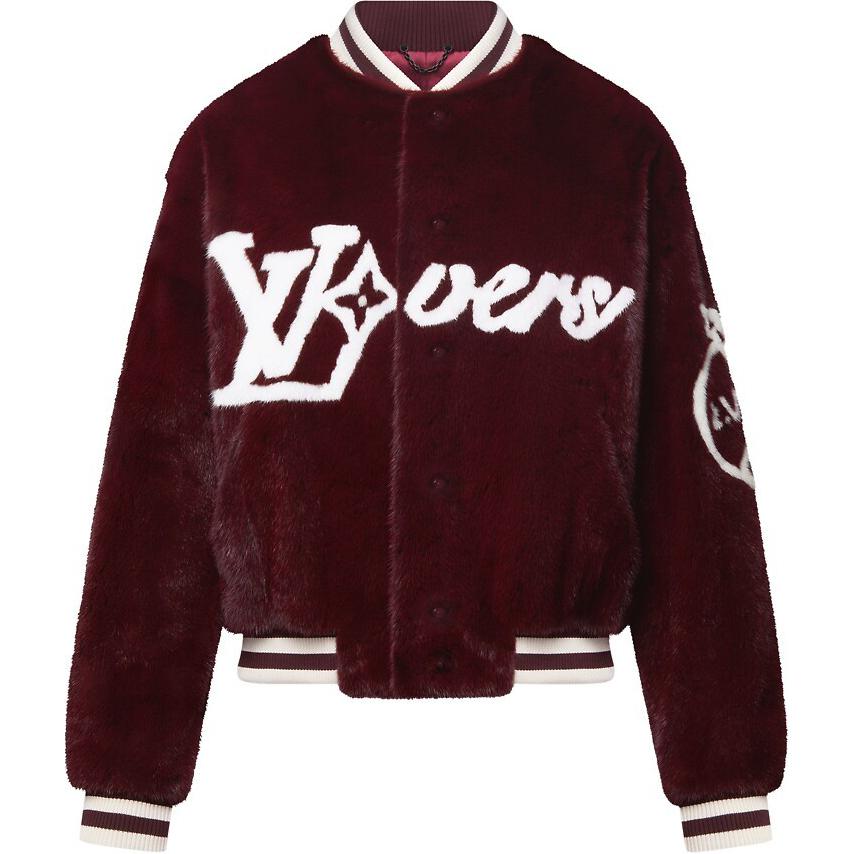 Louis Vuitton SS24 Red Embroidered Letter Bomber Jacket with Baseball Collar 1AFQNN
