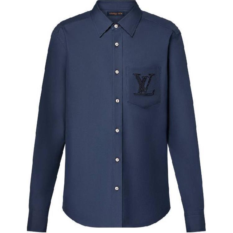 LOUIS VUITTON SS24 Solid Color Logo Embroidered Long Sleeve Shirt Navy 1AFRMJ