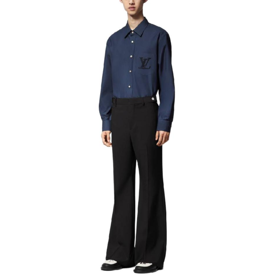 Lookbook 루이 비통 SS24 로고 자수 긴팔 셔츠 네이비 솔리드 컬러 1AFRMJ