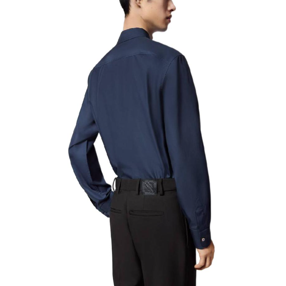 Purchase 루이 비통 SS24 로고 자수 긴팔 셔츠 네이비 솔리드 컬러 1AFRMJ