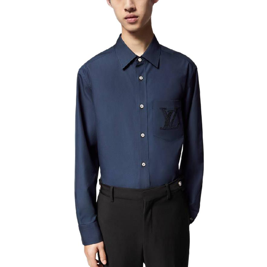 Details for 루이 비통 SS24 로고 자수 긴팔 셔츠 네이비 솔리드 컬러 1AFRMJ