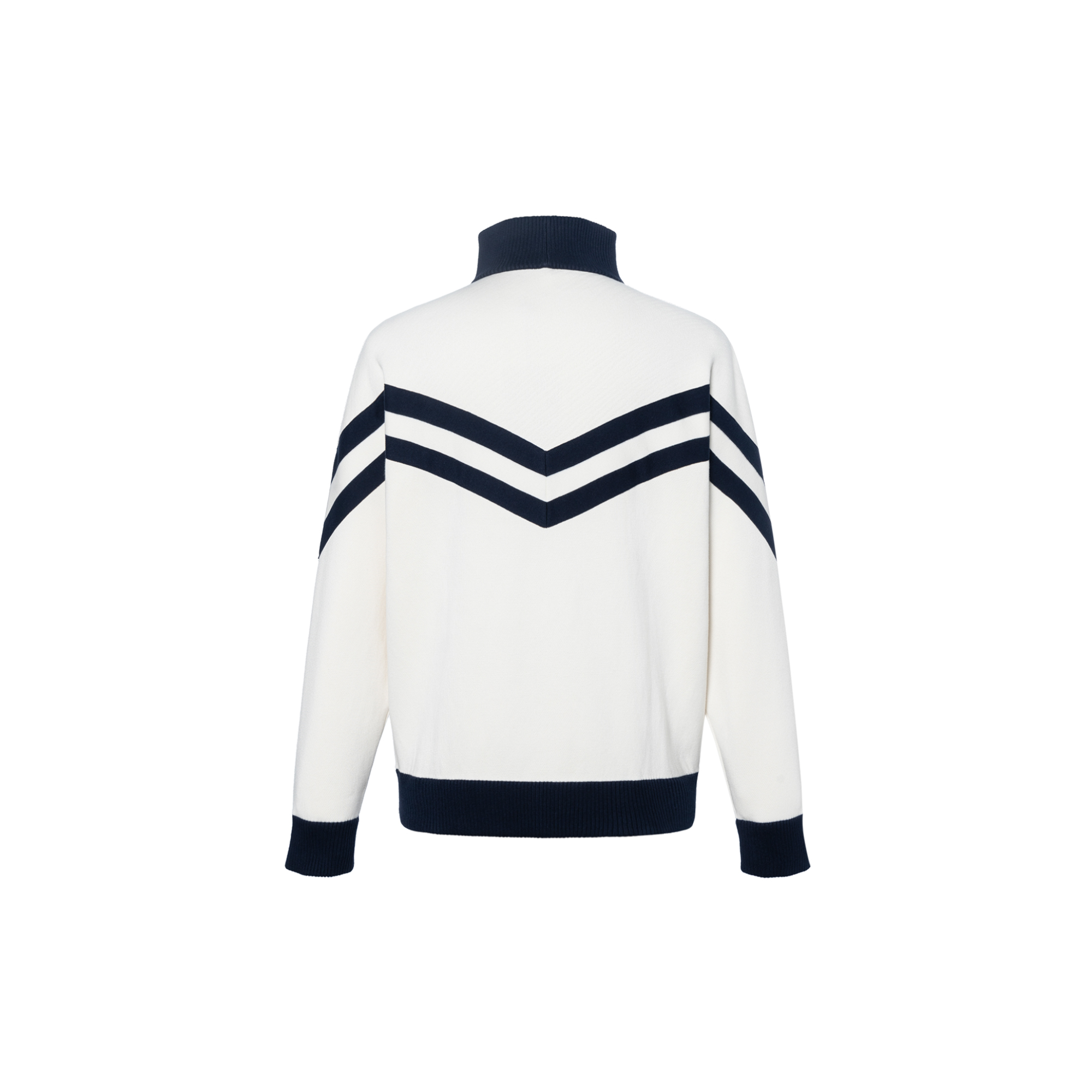 Lookbook LOUIS VUITTON SS24 Jaket High-Neck Garis Putih Pria dengan Ritsleting 1AFQP