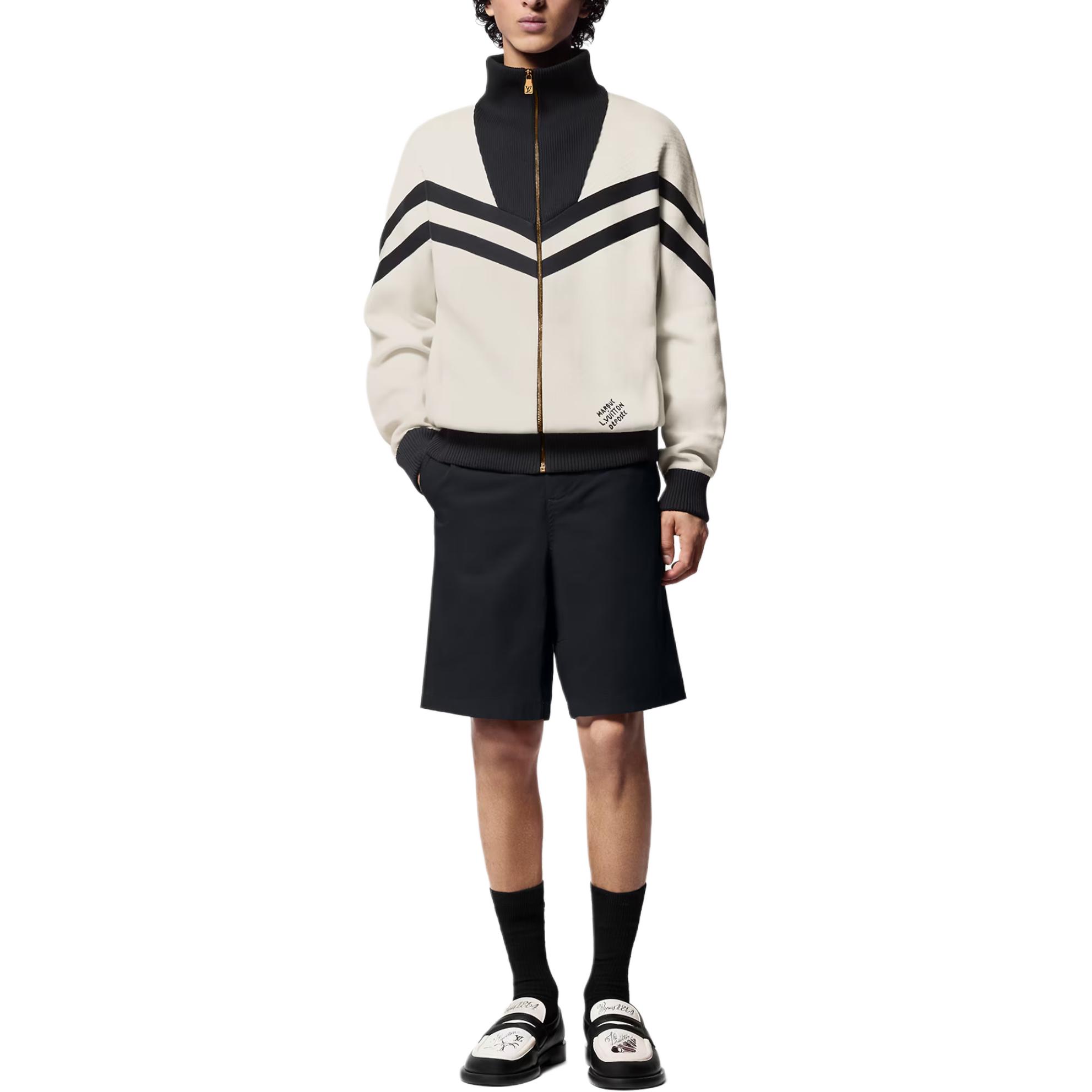 Shop LOUIS VUITTON SS24 Jaket High-Neck Garis Putih Pria dengan Ritsleting 1AFQP