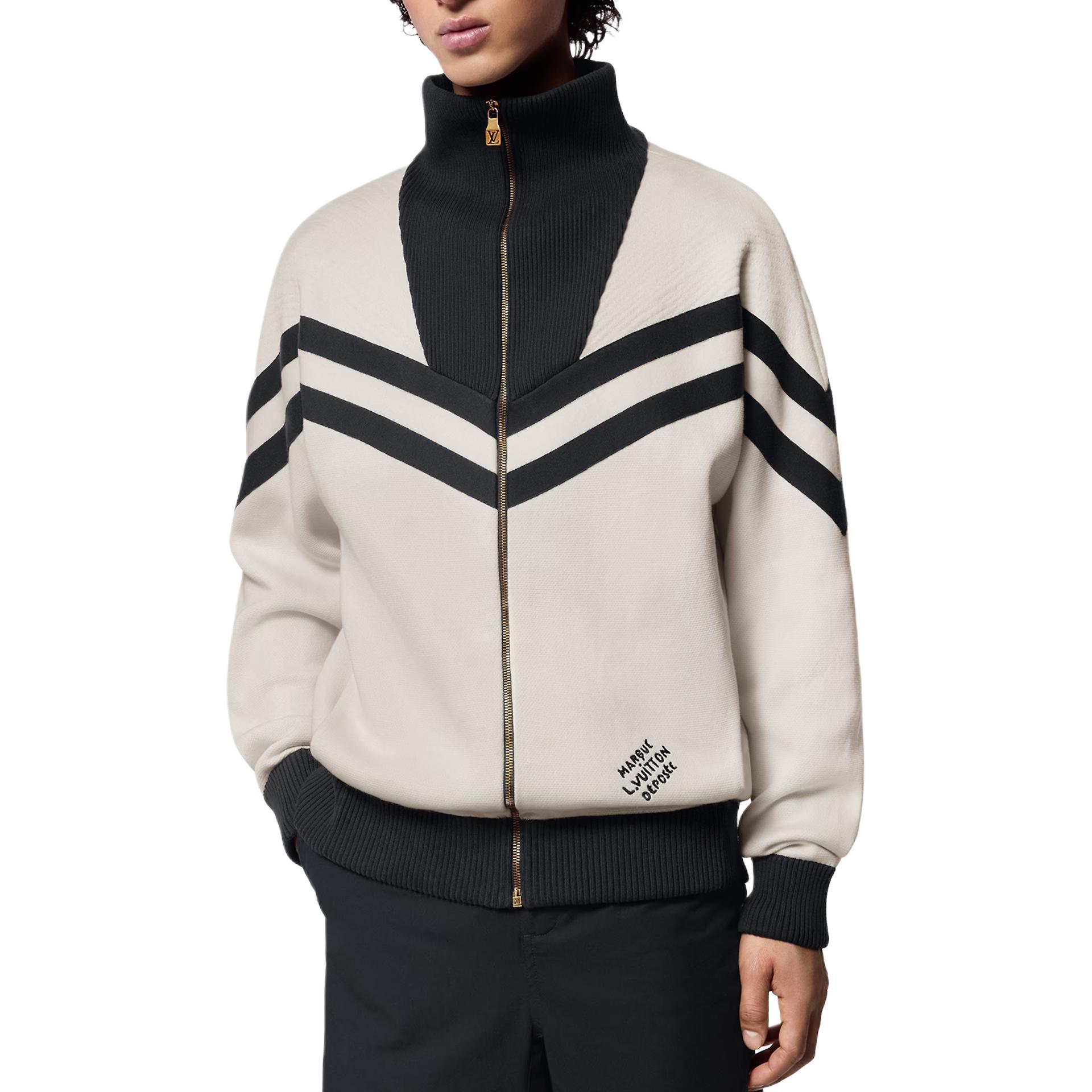 Purchase LOUIS VUITTON SS24 Jaket High-Neck Garis Putih Pria dengan Ritsleting 1AFQP