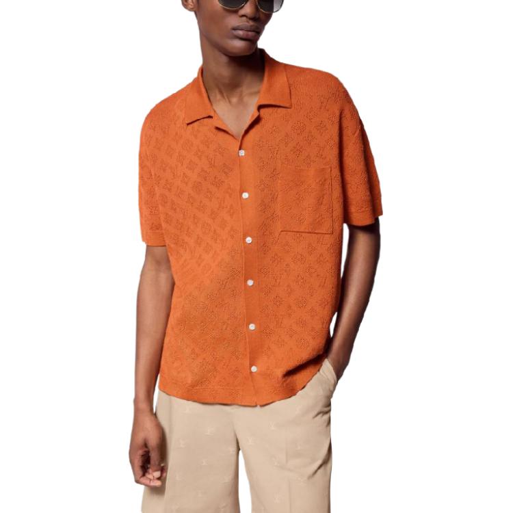 Purchase 루이 비통 SS24 오렌지 텍스처 남성 반팔 버튼업 셔츠 1AFQSX