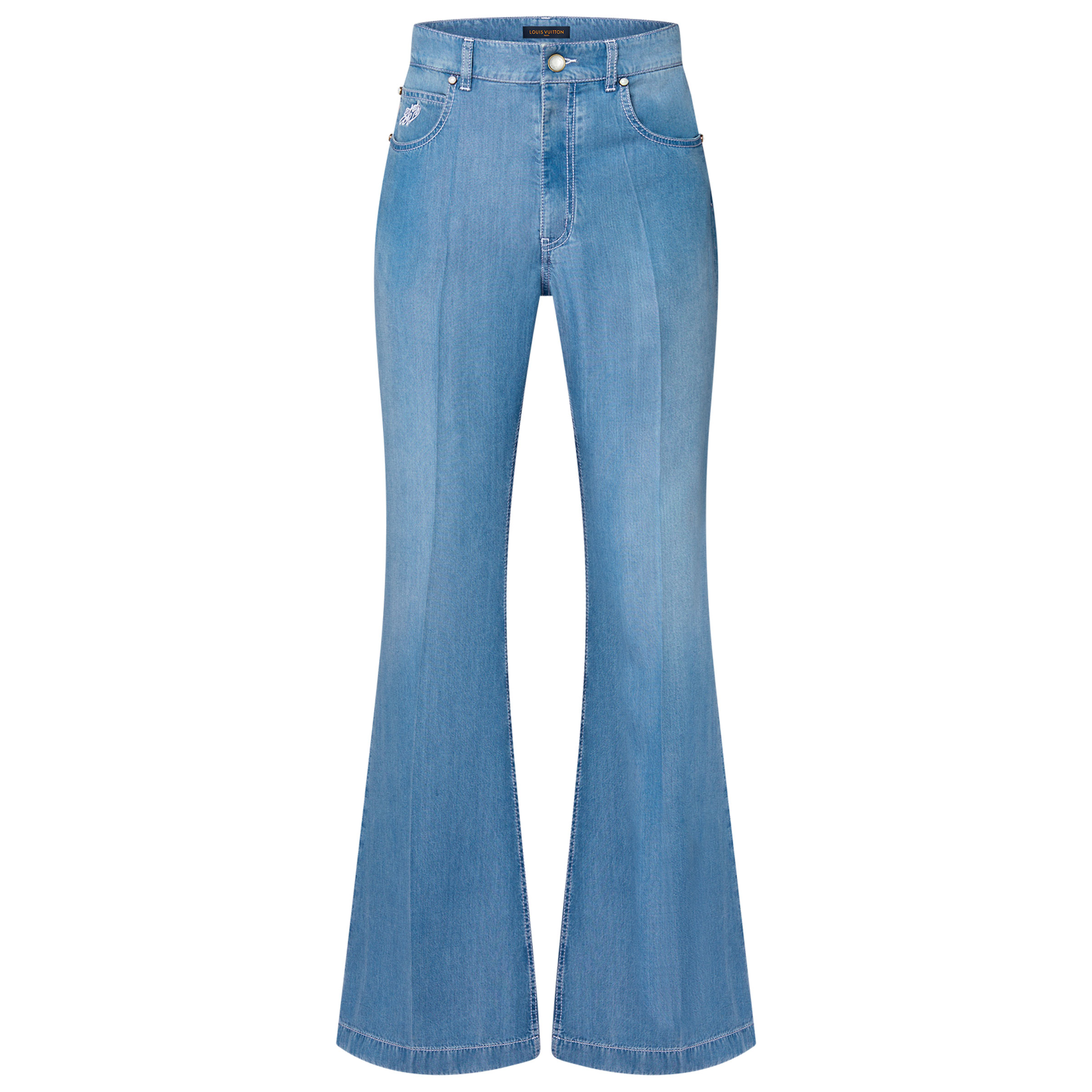 LOUIS VUITTON SS24 Washed Logo Embroidered Mid-Rise Flare Pants Blue Men’s. 1AFQWO