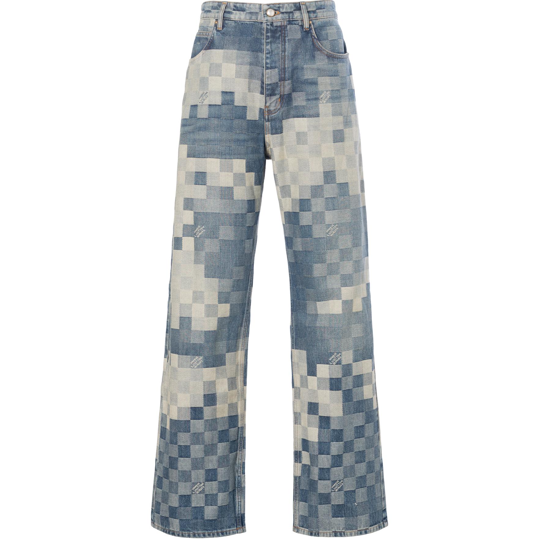 LOUIS VUITTON SS24 x Pharrell Plaid Jacquard Relaxed Straight Jeans Blue Mens. 1AFIA7