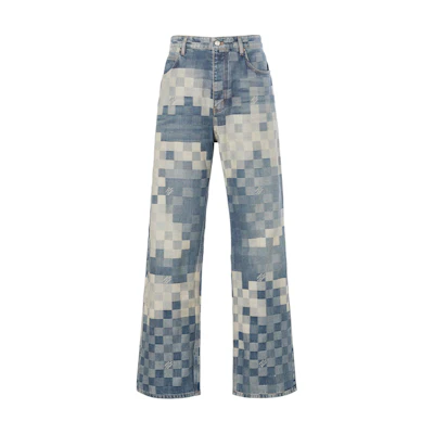 LOUIS VUITTON SS24 Pharrell Plaid Jacquard Relaxed Straight Jeans Blue Mens. 1AFIA7