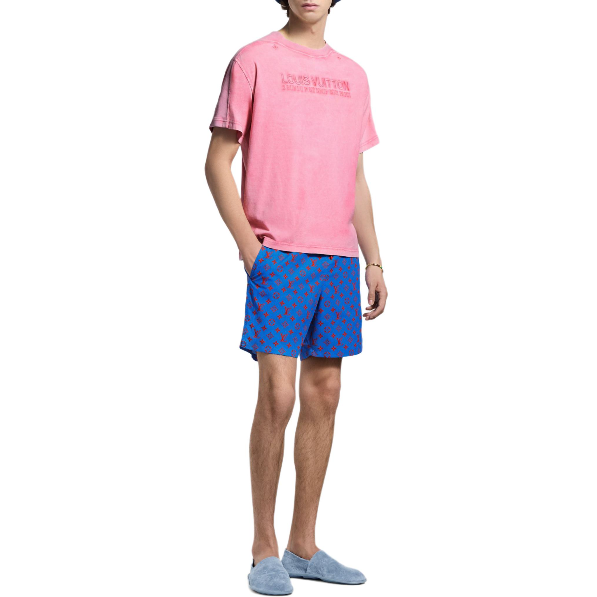 Purchase 路易威登 SS25 藍色繡花標誌鬆緊腰繩綁帶游泳短褲 男款 1AHVZO