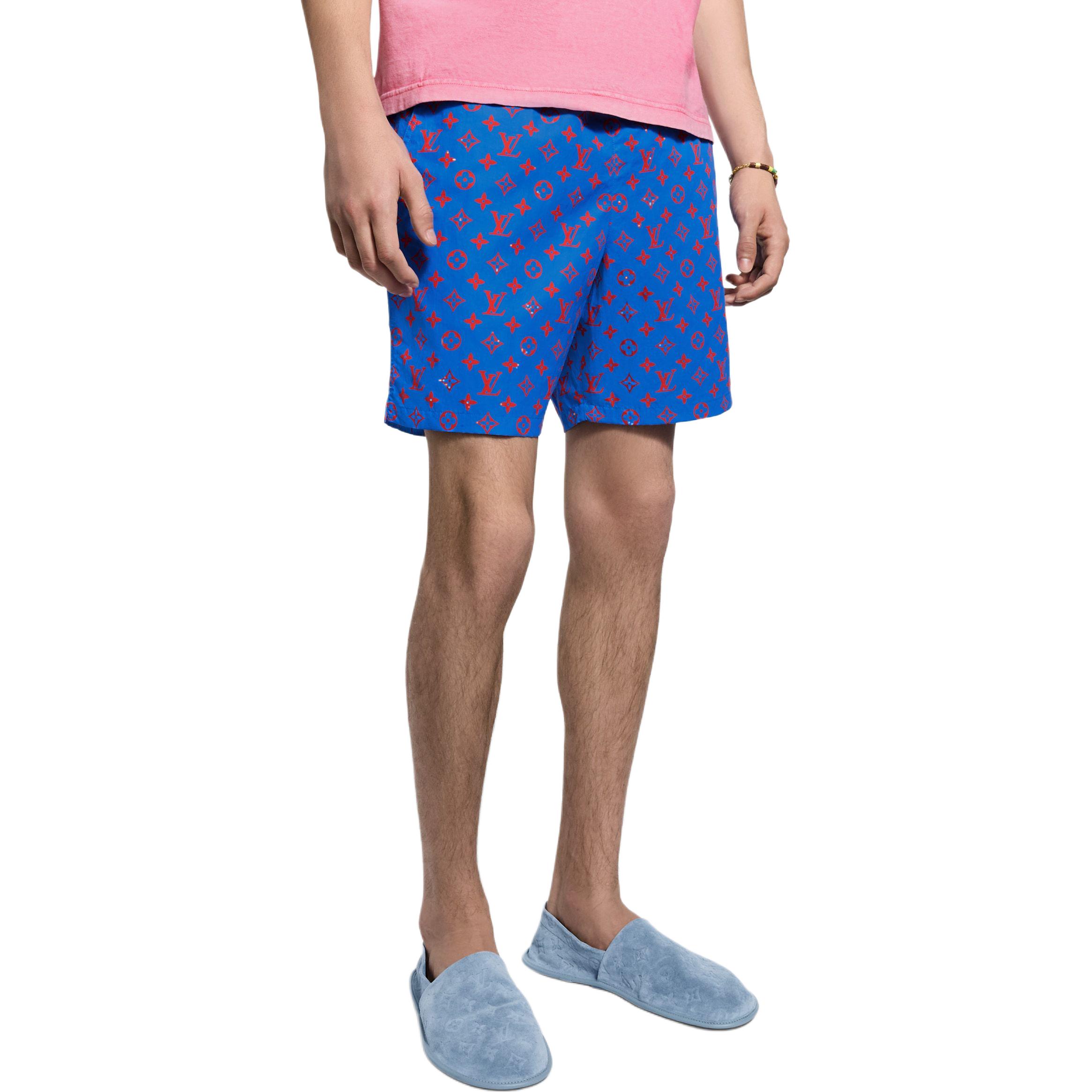 Lookbook 路易威登SS25经典印花抽绳海滩短裤男款蓝色 1AHVZM