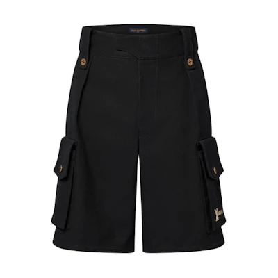 LOUIS VUITTON SS25 Pharrell Collab Loose Fit Black Logo Cargo Shorts Mens. 1AFJ54