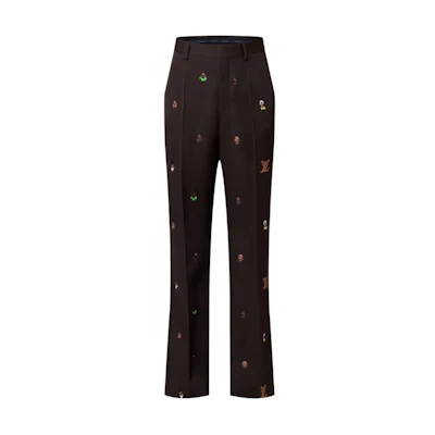 LOUIS VUITTON SS25 Pharrell Logo Embroidered Zipper Flare Pants Brown Mens. 1AFJ27