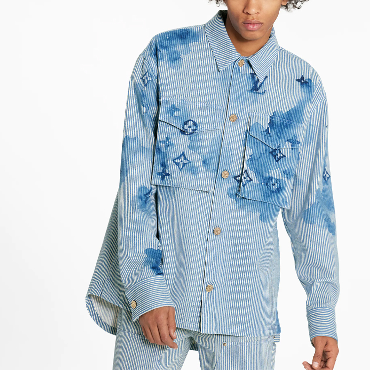 Purchase Camisa Azul de Hombre Louis Vuitton a Rayas con Logo Impreso de Manga Larga. 1A8QYE