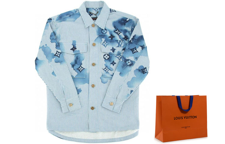 Cheap Camisa Azul de Hombre Louis Vuitton a Rayas con Logo Impreso de Manga Larga. 1A8QYE