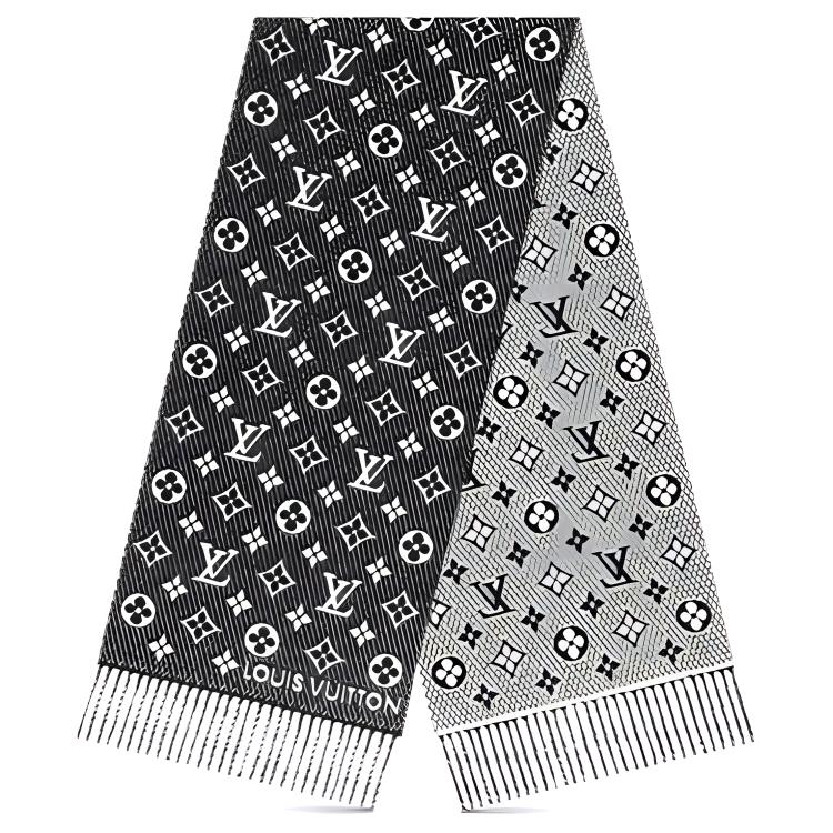 LOUIS VUITTON TOUJOURS Scarf Monogram Reversible Fringe Wool Unisex Gray M77406