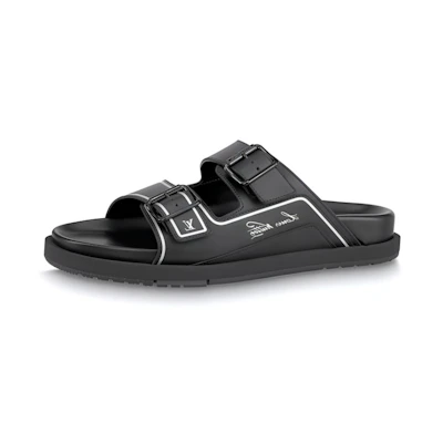 LV Trainer 'Black Leather Open-Toe Sandal'