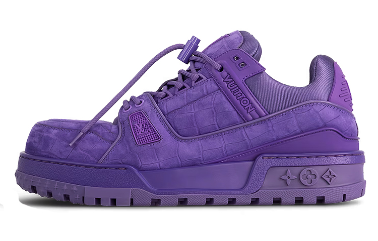 Louis Vuitton Trainer Maxi Purple Suede Crocodile Pattern 24K Gold Accent Sneakers 1ACN2T
