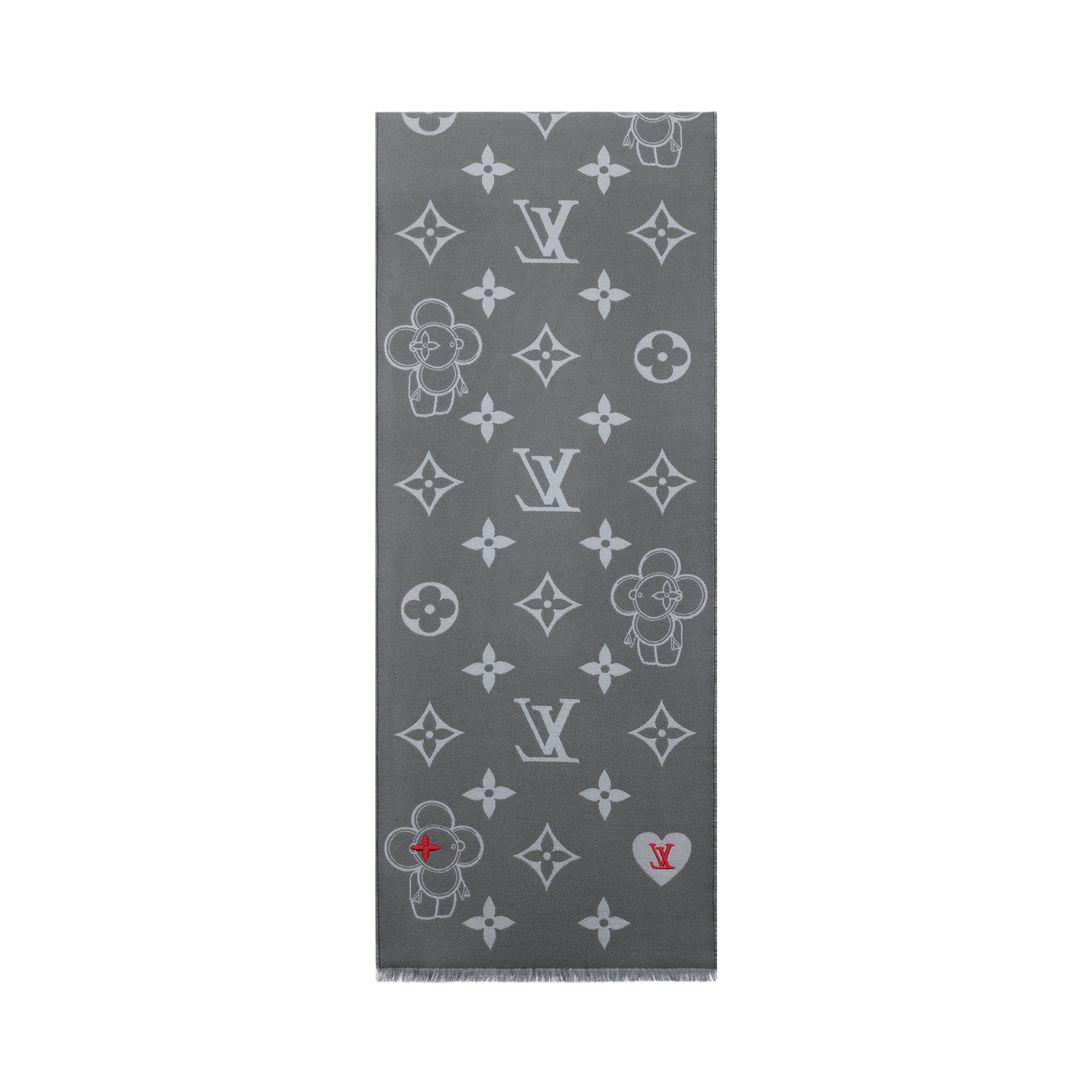 LOUIS VUITTON Vivienne Wool Embroidered Logo Scarf Unisex Couple Style Grey. M79124