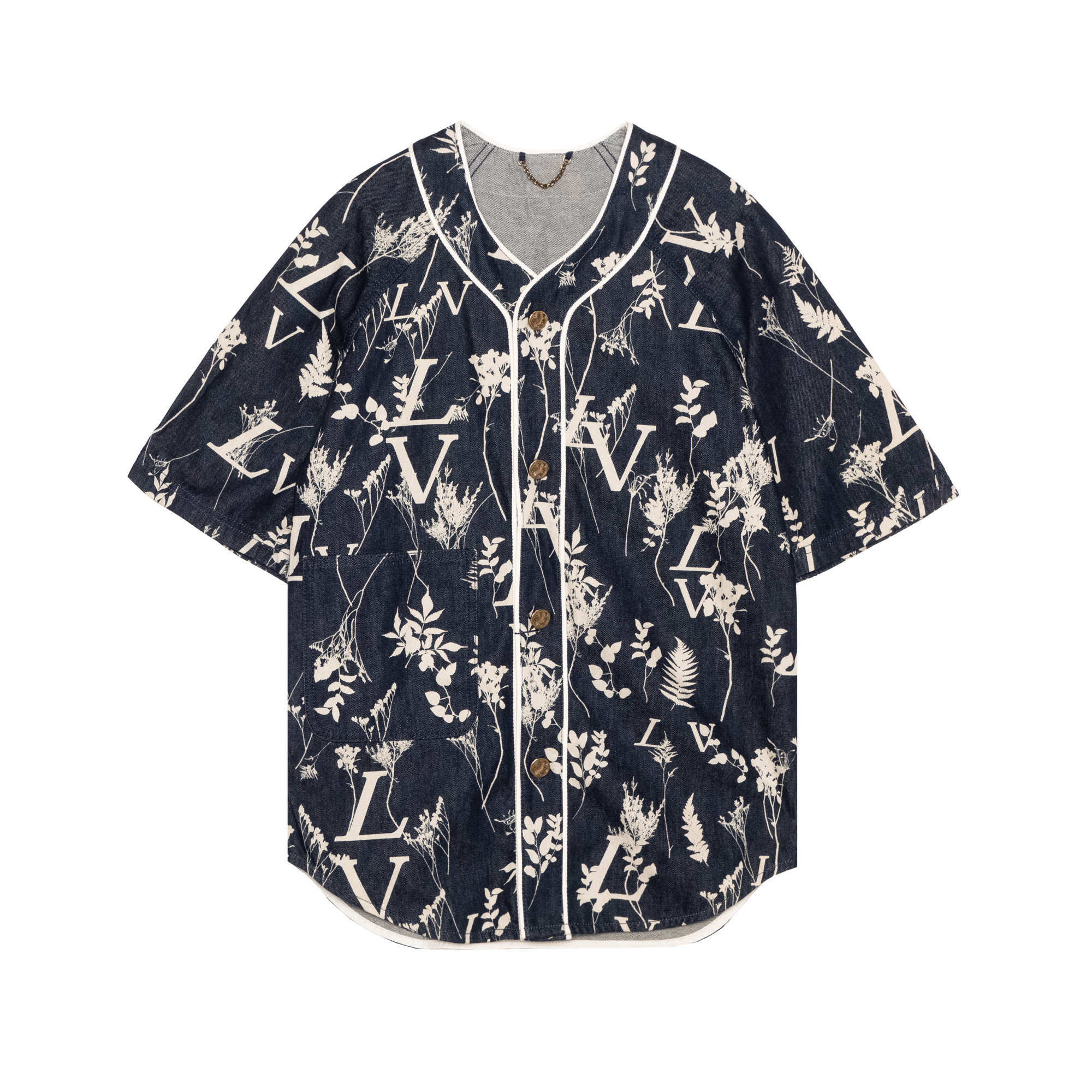 LOUIS VUITTON Wheat Print Denim Classic Short Sleeve Shirt Dark Blue 1A7XFN