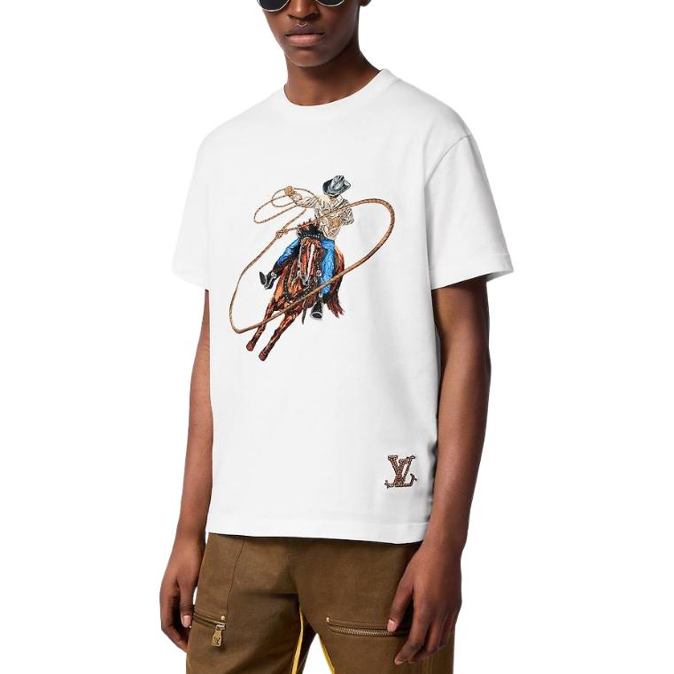 Purchase 路易威登 白色丹寧刺繡Logo 圓領短袖T恤 FW24 1AFXNS