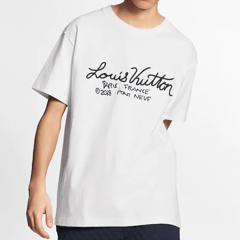 Shop Louis Vuitton Kaos Putih Lengan Pendek dengan Bordir Grafis 1A7XNE