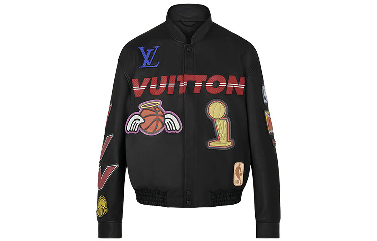 Louis Vuitton NBA FW21 Logo Print Leather Stand Collar Jacket Black 1A90P3