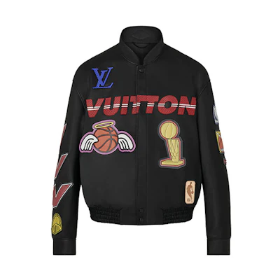 Louis Vuitton NBA FW21 Logo Print Leather Stand Collar Jacket Black 1A90P3