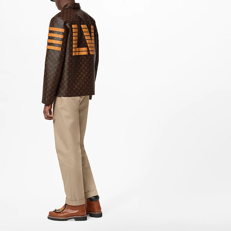 Shop LOUIS VUITTON x NIGO2 Striped Leather Logo Jacket Brown 1A9K4C