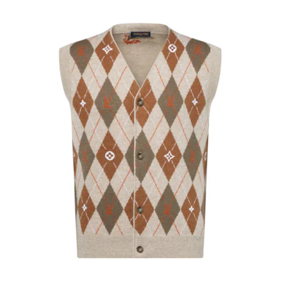 LOUIS VUITTON Nigo FW25 Argyle V-Neck Embroidered Cardigan Vest 1AIMDH