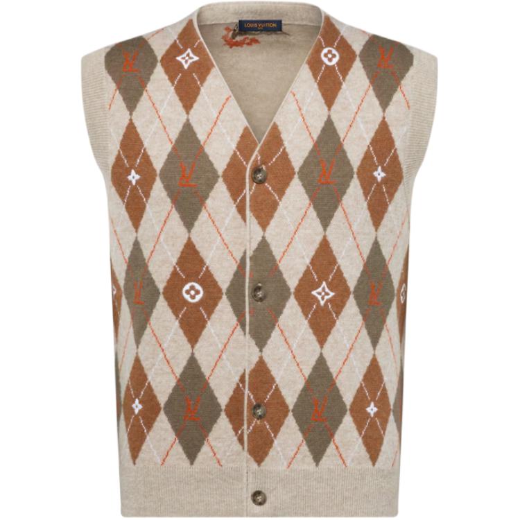 LOUIS VUITTON x Nigo FW25 Diamond Knit V-Neck Embroidered Cardigan Vest 1AIMDJ