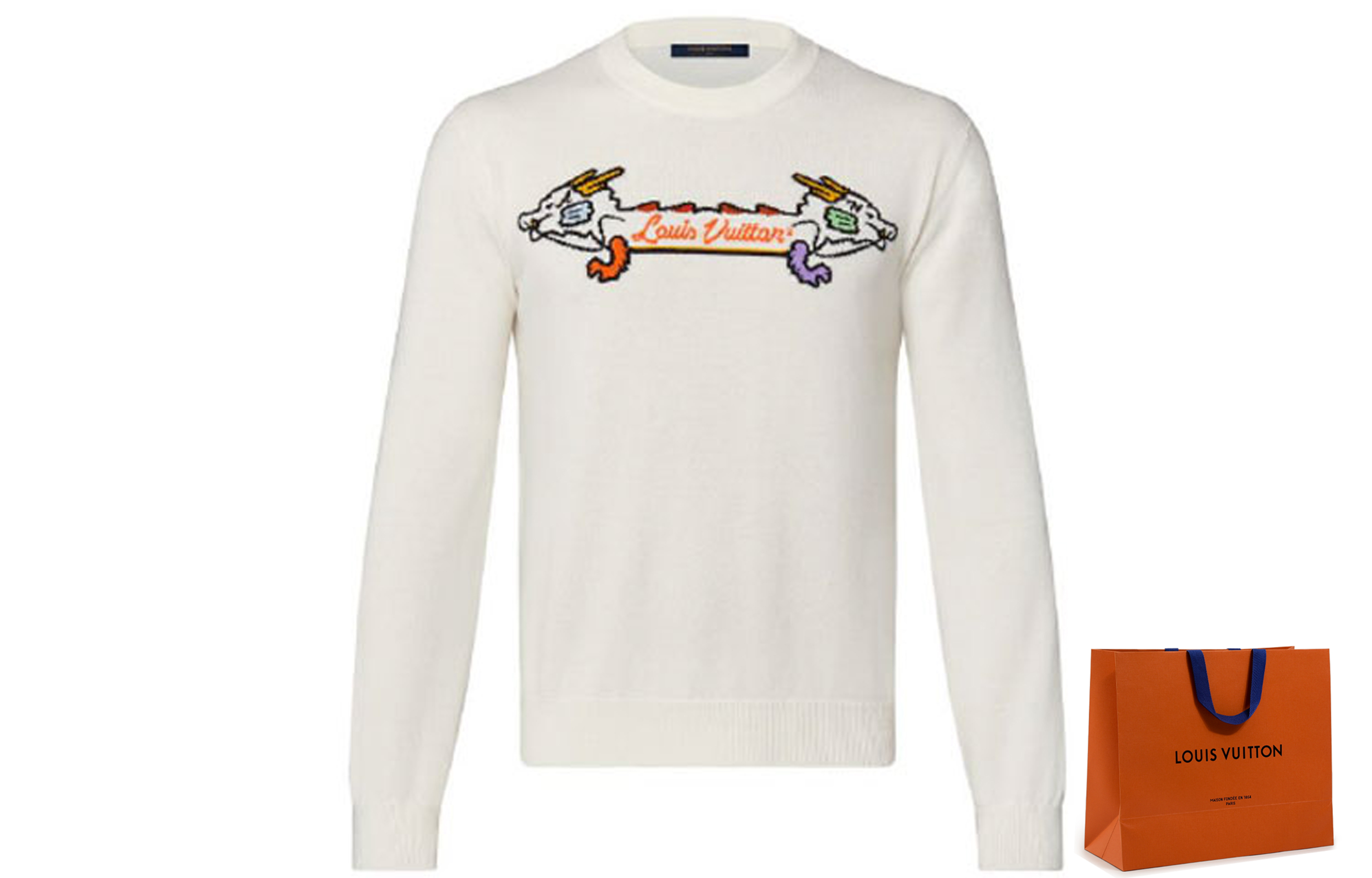 Cheap Sweatshirt Lelaki LOUIS VUITTON x NIGO SS22 Double Dragon Graphic Putih. 1A9GO3