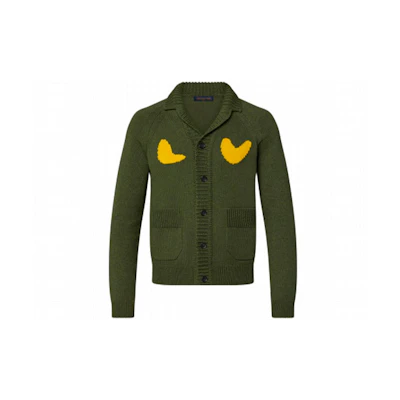 LOUIS VUITTON Nigo SS22 Geometric Knit Collared Cardigan Olive Green . 1A9GLP