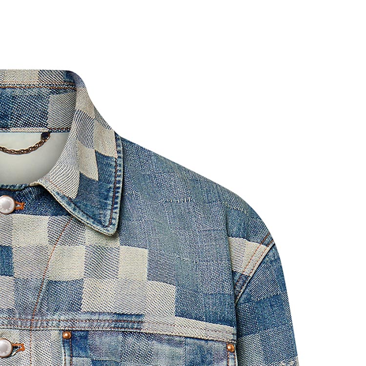 Details for LOUIS VUITTON x Pharrell Jaket Denim Mosaic Biru Lengan Panjang Berkerah. 1AFHUW