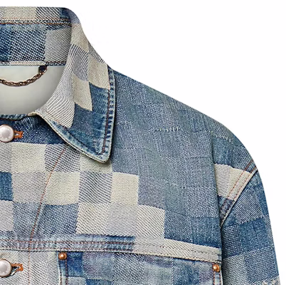 LOUIS VUITTON x Pharrell Mosaic Denim Jacket Blue Long Sleeve Collared. 1AFHUW Details for LOUIS VUITTON x Pharrell Mosaic Denim Jacket Blue Long Sleeve Collared. 1AFHUW