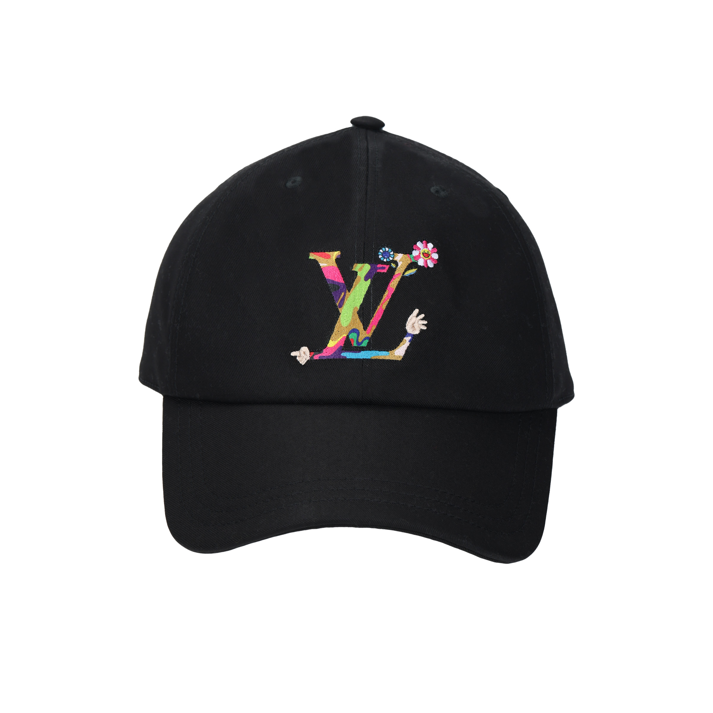 Lookbook LOUIS VUITTON x Takashi Murakami Gorra Ajustable Unisex Negra con Logo Colorido M5000M