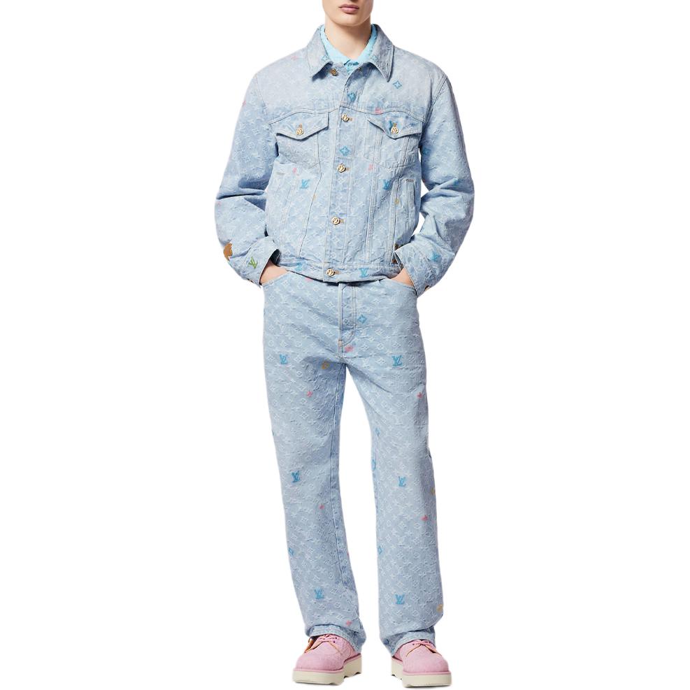 Shop 루이비통 x 타일러 FW24 로고 프린트 버튼 진 포켓 데님 청바지 블루 남성용. 1AFPV5