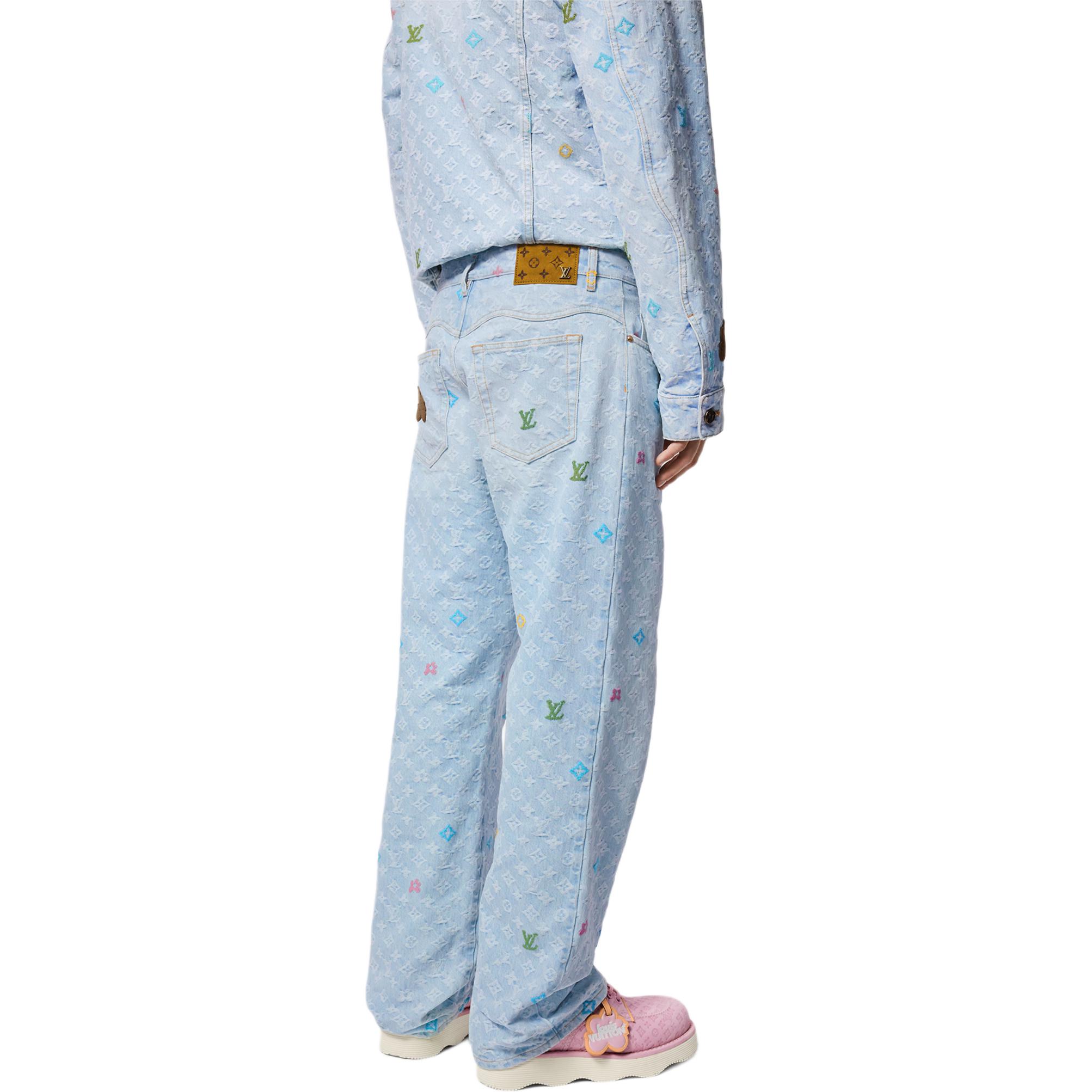 Details for 루이비통 x 타일러 FW24 로고 프린트 버튼 진 포켓 데님 청바지 블루 남성용. 1AFPV5