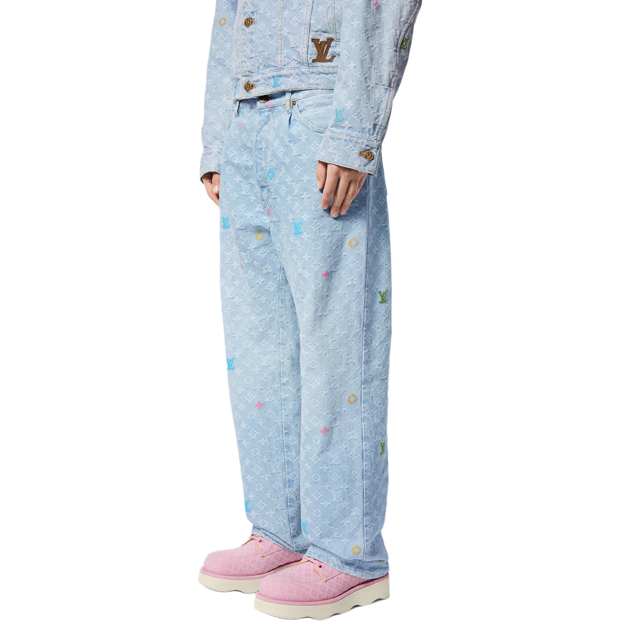 Sizing 루이비통 x 타일러 FW24 로고 프린트 버튼 진 포켓 데님 청바지 블루 남성용. 1AFPV5