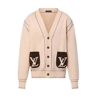 LOUIS VUITTON Tyler SS24 Logo Cream V-Neck Knit Cardigan for Men. 1AFPXW