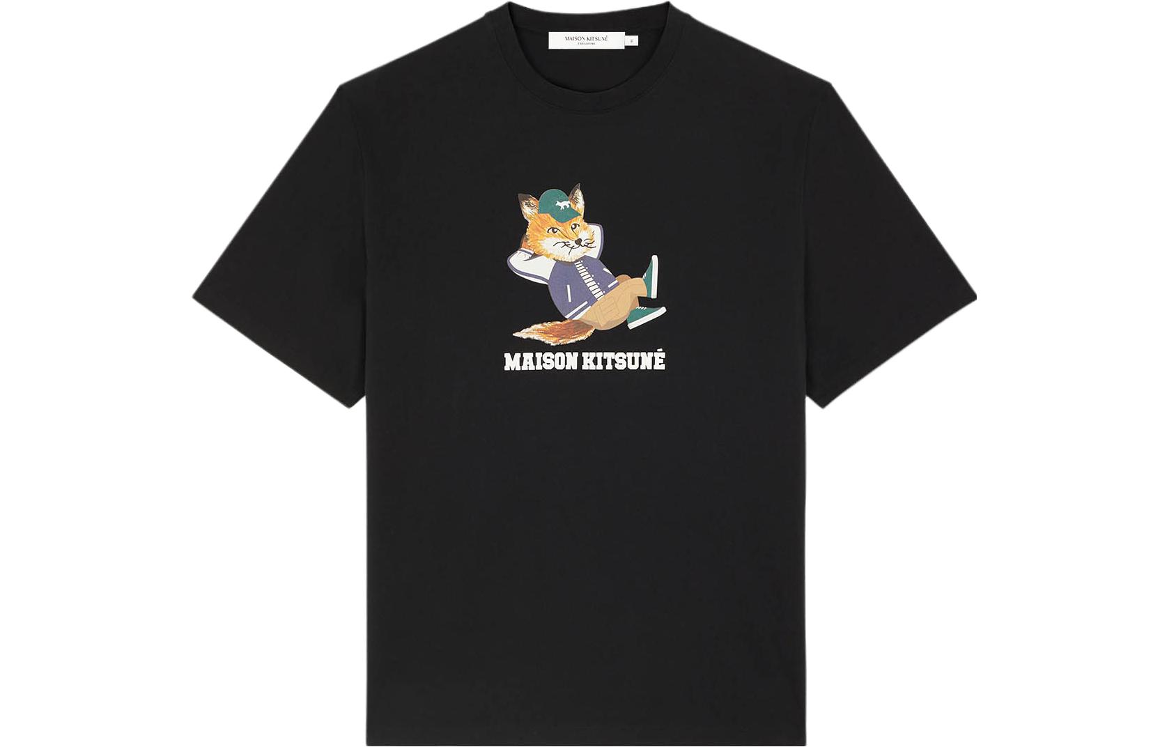 Maison Kitsune  Black Animal Graphic Logo Print Crewneck T-Shirt KM00103KJ0008-P199
