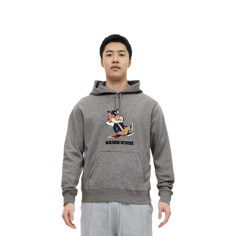 Shop Maison Kitsune Hoodie Kelabu Lengan Panjang Kartun Grafik Pullover. KM00307KM0001-H1