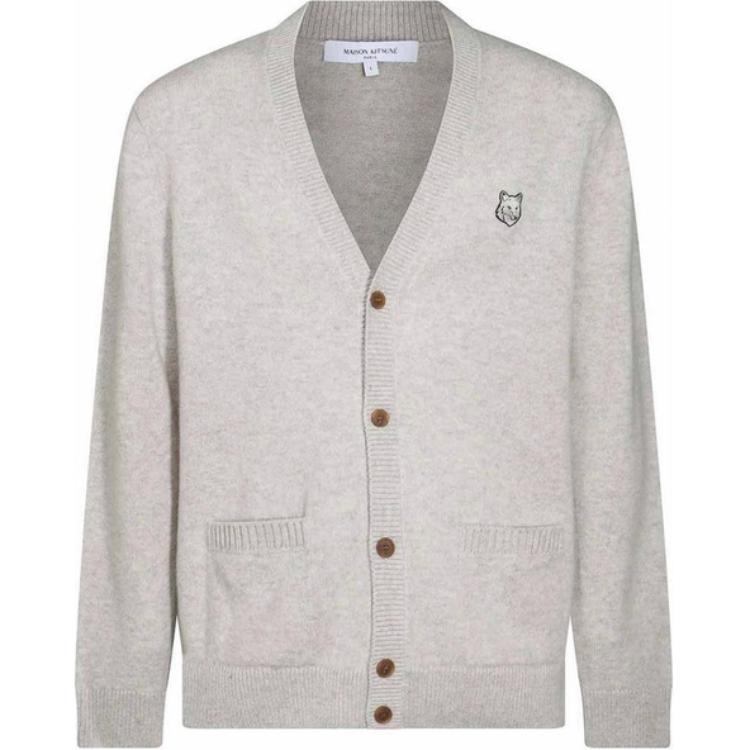 Maison Kitsune  Grey V-Neck Button-Up Knit Cardigan with Logo. NM00506KT1006-H120