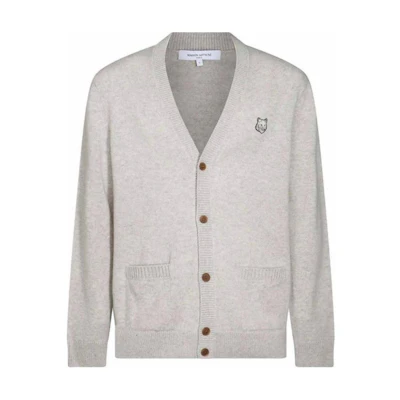 Maison Kitsune Grey V-Neck Button-Up Knit Cardigan with Logo. NM00506KT1006-H120