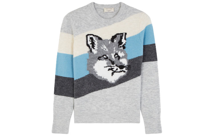 Maison Kitsune Fox Head Jacquard Ribbed Crewneck Sweater Unisex Grey DW00526KT1009-MU