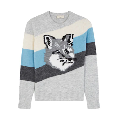 Maison Kitsune Fox Head Jacquard Ribbed Crewneck Sweater Unisex Grey DW00526KT1009-MU