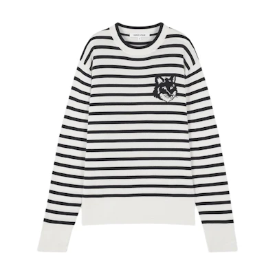 Maison Kitsune Fox Head Striped Crewneck Knit Sweater Navy Blue Mens SS24 MM00803KT1102-S492